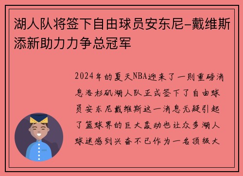 湖人队将签下自由球员安东尼-戴维斯添新助力力争总冠军